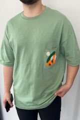 Mint Yeşil Peluş Cep Detaylı Oversize Tshirt