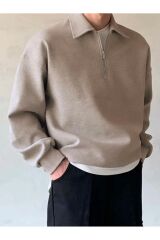 Erkek Polo Yaka Yarım Fermuarlı Sweatshirt BEJ