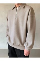 Erkek Polo Yaka Yarım Fermuarlı Sweatshirt BEJ