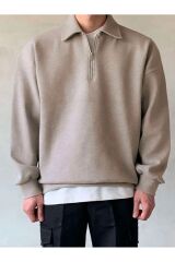 Erkek Polo Yaka Yarım Fermuarlı Sweatshirt BEJ
