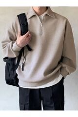 Erkek Polo Yaka Yarım Fermuarlı Sweatshirt BEJ
